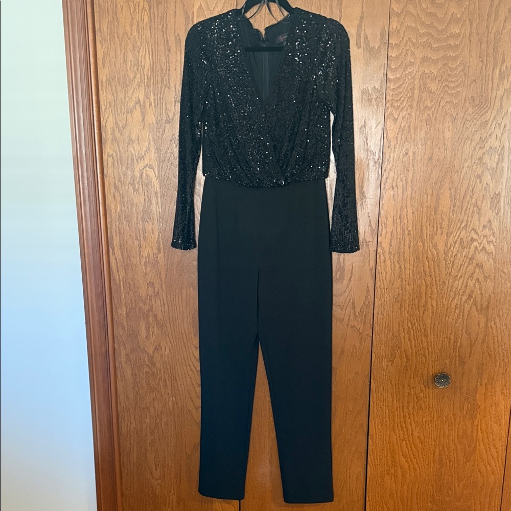 Aqua Black Sequin Long Sleeve Jumpsuit